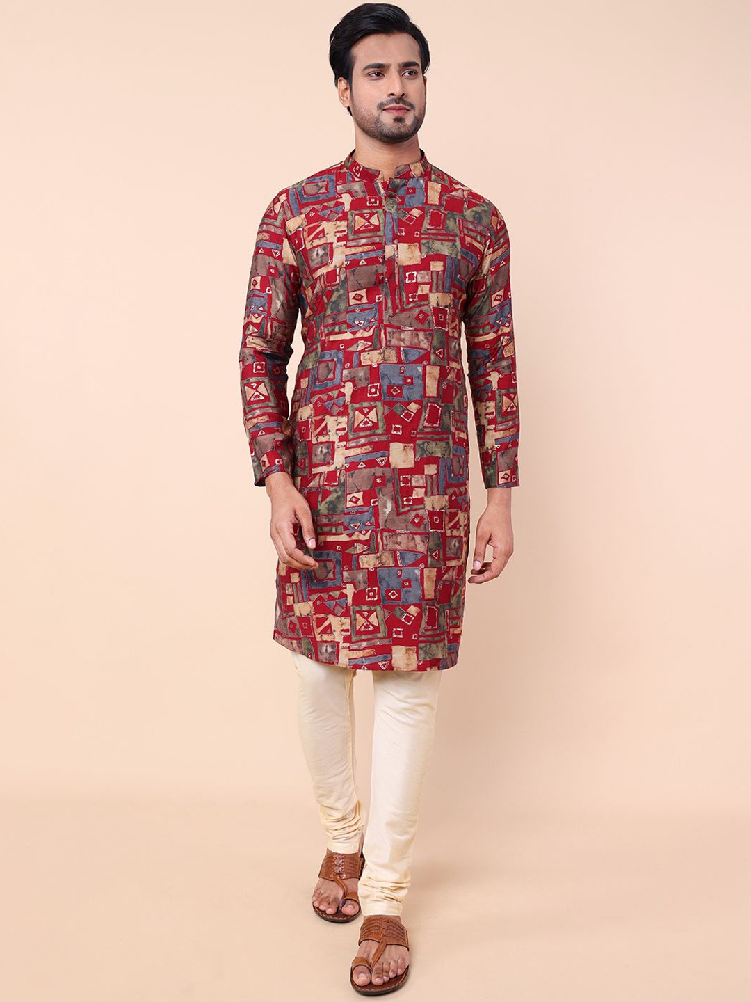 

NAMASKAR Geometric Printed Mandarin Collar Straight Kurta, Red