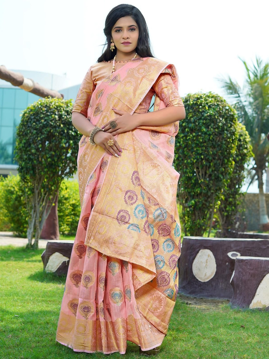 

Areca Designer Ethnic Motifs Zari Linen Blend Banarasi Saree, Peach