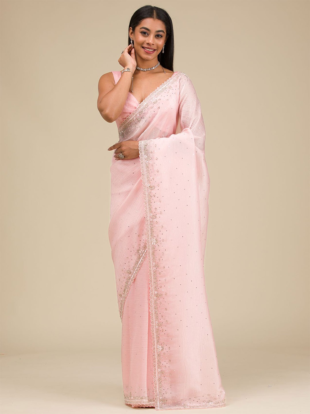 

Koskii Embellished Beads and Stones Pure Georgette Saree, Pink