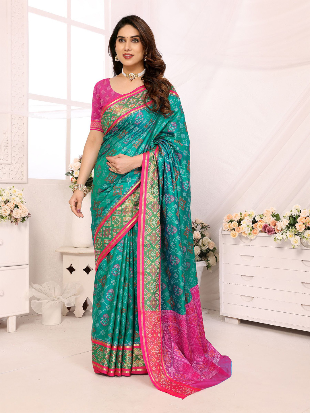 

Sidhidata Ajrak Printed Zari Patola Saree, Teal