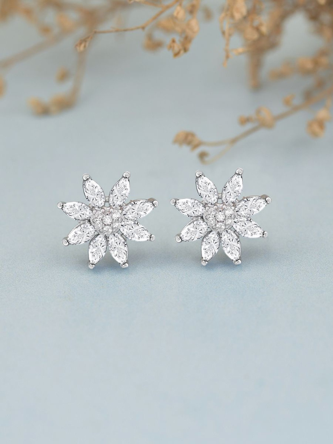 

Ornate Jewels 925 Sterling Silver American Diamond Flower Stud Earrings Gifts, White