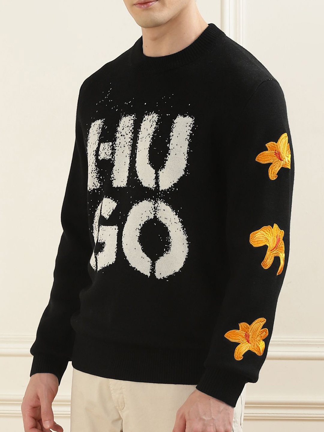 

HUGO Men Typography Printed Woollen Pullover, Black