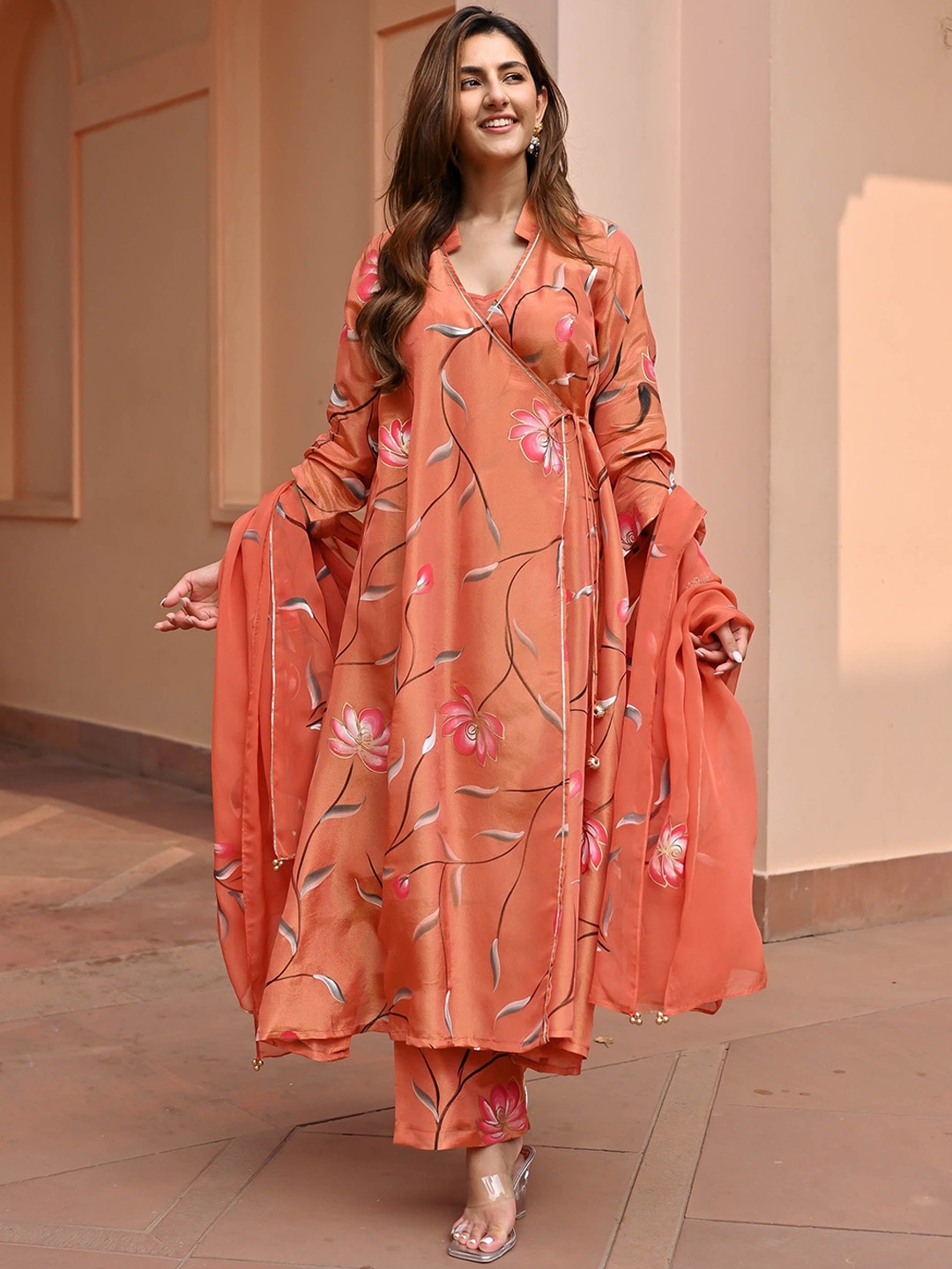 

Rangeelo Floral Printed Angrakha Style A-Line Kurta With Palazzos & Dupatta, Orange