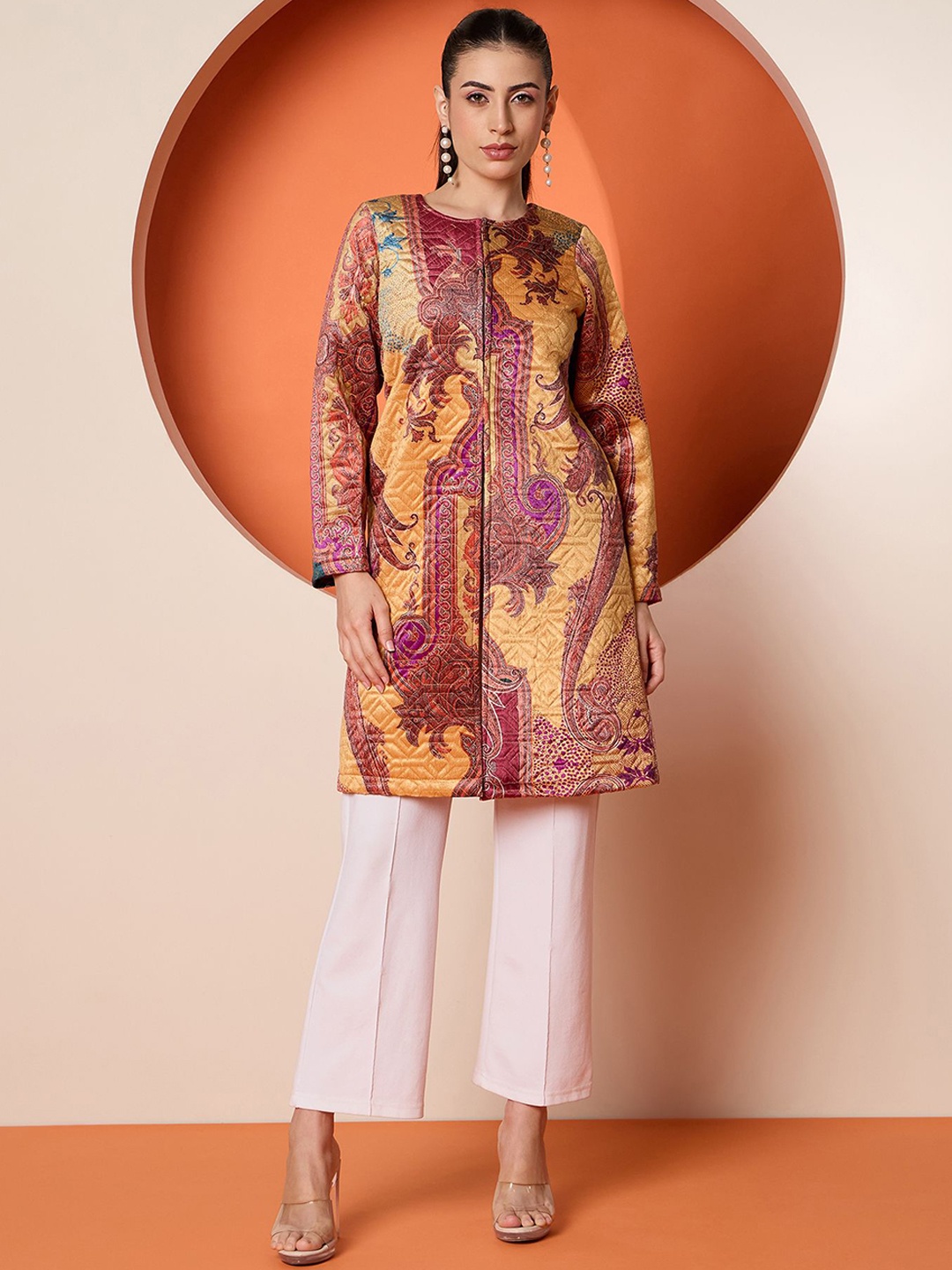 

Antheaa Women Quilted Velvet Floral Tailored Jacket, Yellow