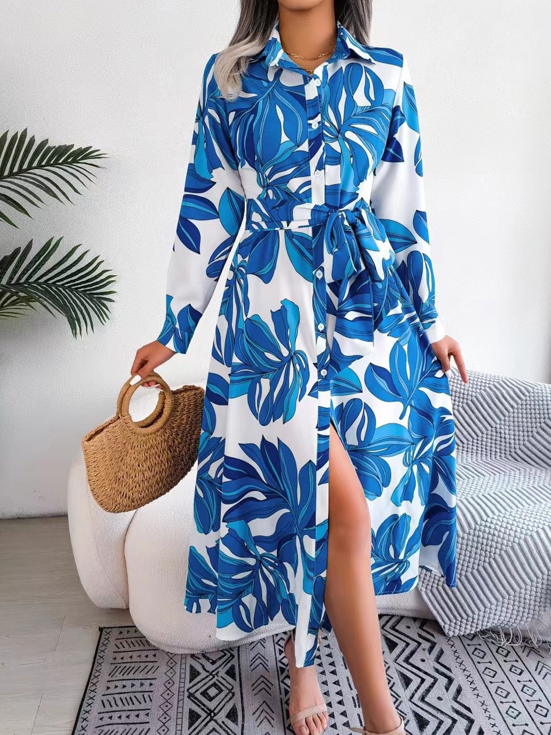 

HERE&NOW Floral Print Shirt Midi Dress, Blue