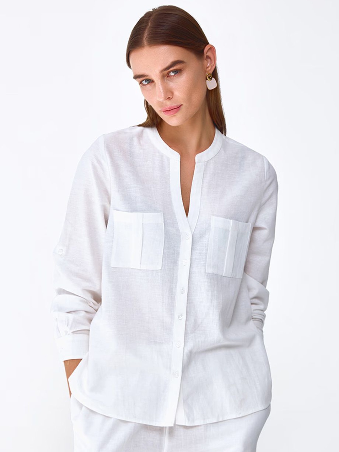 

COVER STORY Women Mandarin Collar Solid Linen Blend Casual Shirt, White