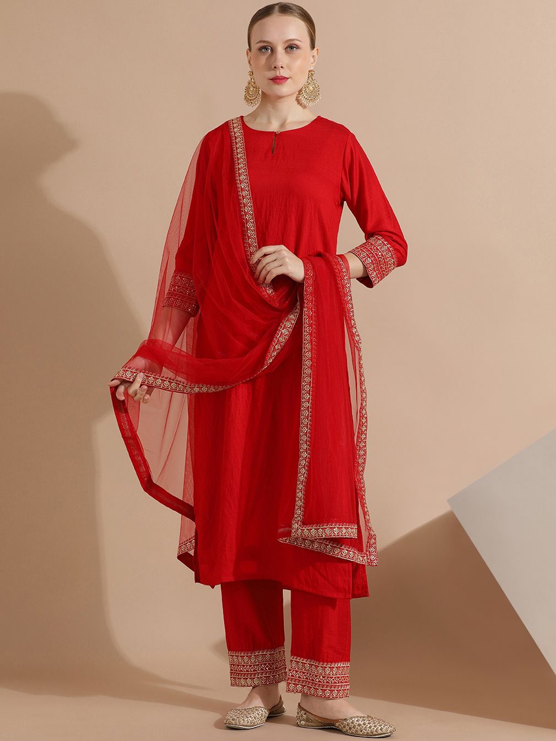 

Jaipur Kurti Sequin Embroidered Silk Blend Kurta Set with Net Dupatta, Red
