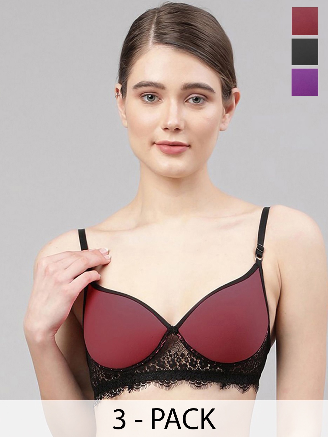 

AROUSY Pack Of 3 Lightly-Padded Lace Lingerie Sets A_Cupri Set3, Black