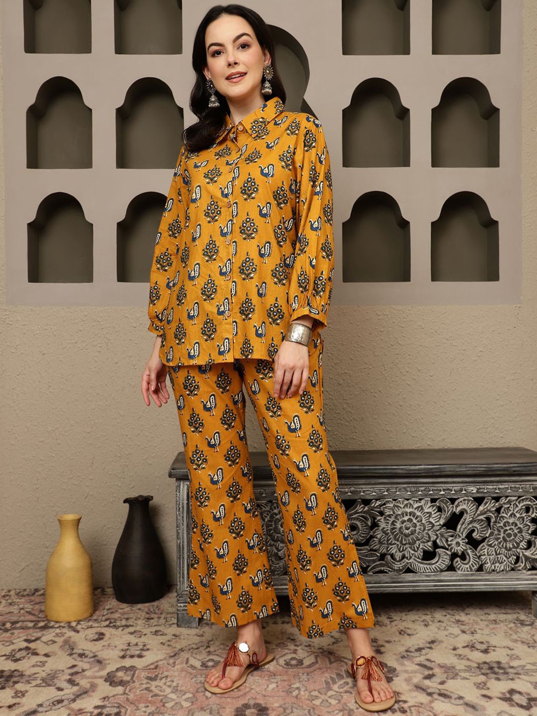 

Sangria Conversational Printed Pure Cotton Shirt With Trousers Co-Ords, Mustard