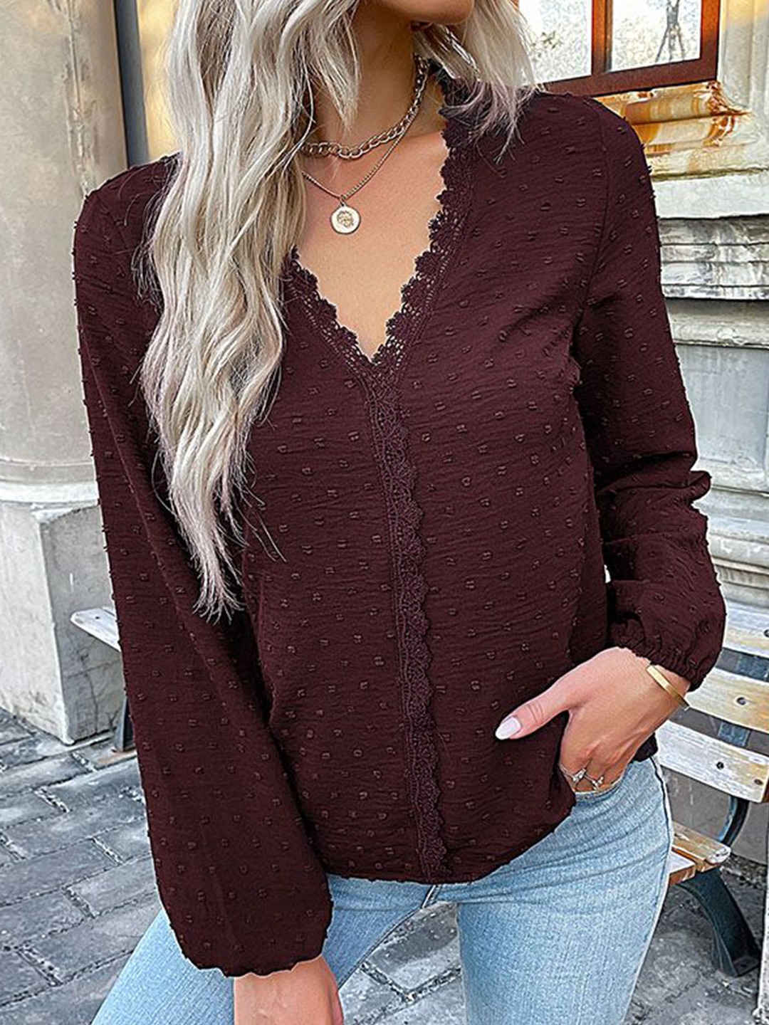 

HERE&NOW Women Self Designed V-Neck Top, Maroon