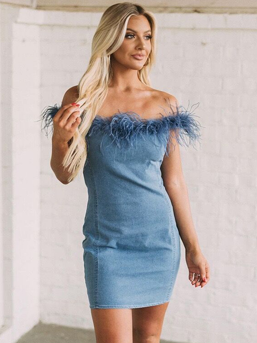 

HERE&NOW Off-Shoulder Flutter Sleeve Bodycon Dress, Blue