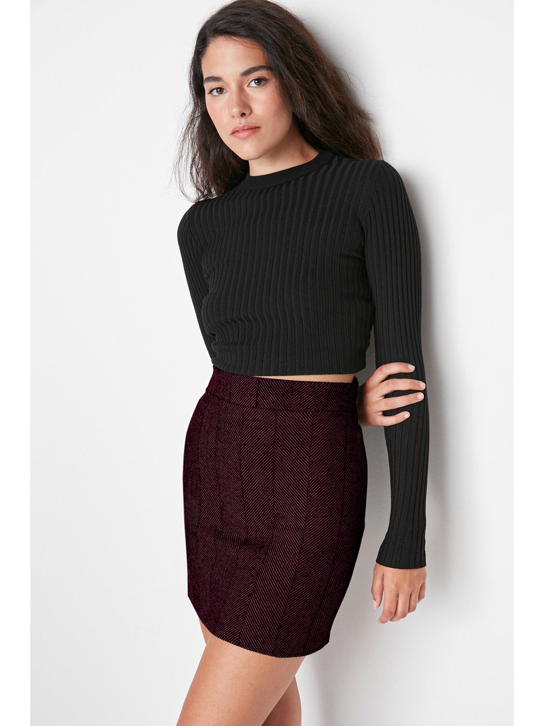 

Trendyol Striped Straight Mini Skirt, Burgundy