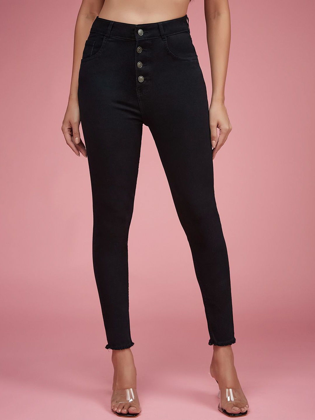 

DressBerry Women's Skinny High Rise Cropped Fringed Hemline Solid Stretchable Denim Jeans, Black