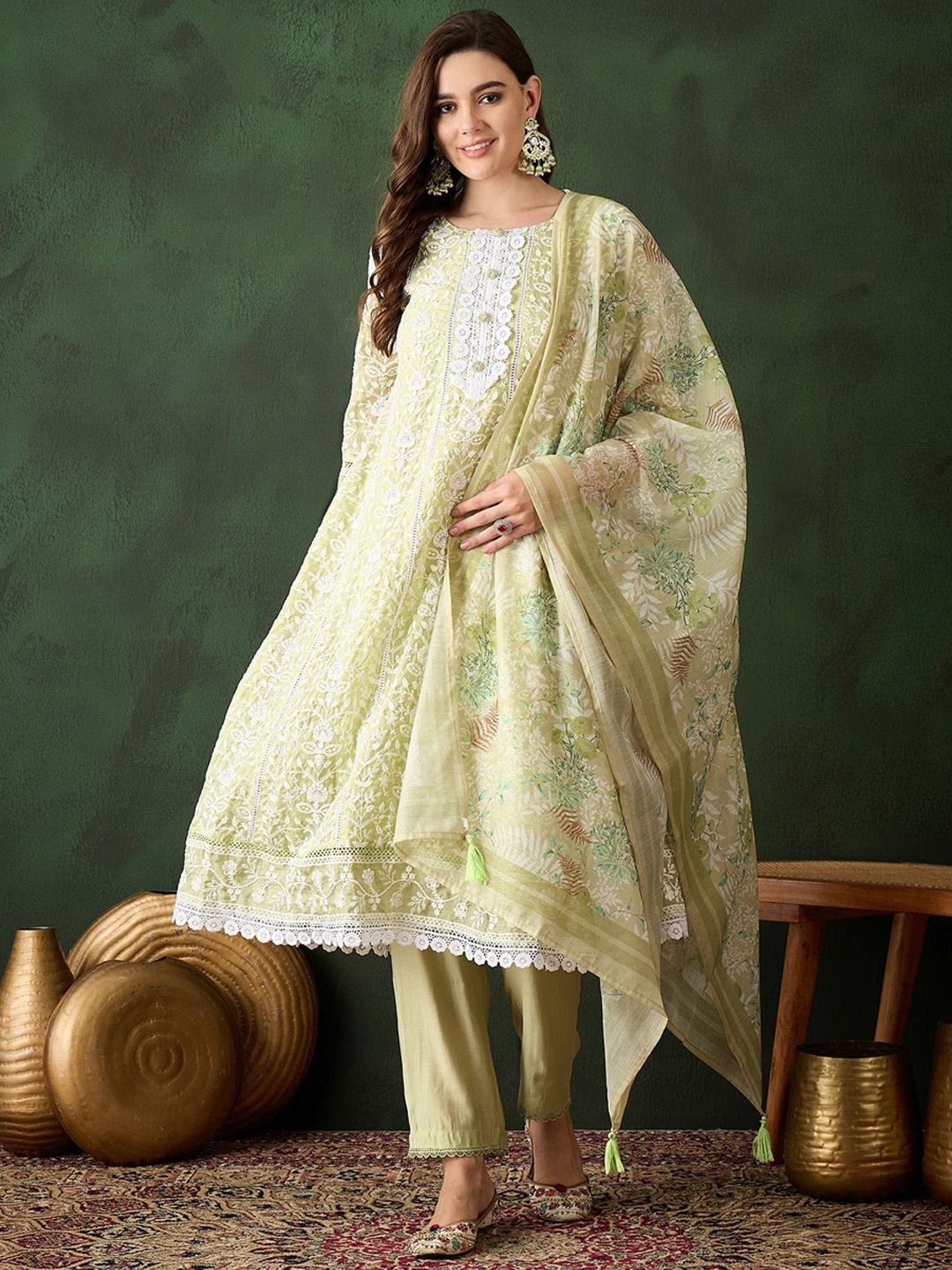 

Sangria Green Floral Embroidered Round Neck Schiffli Kurta With Trouser & Dupatta
