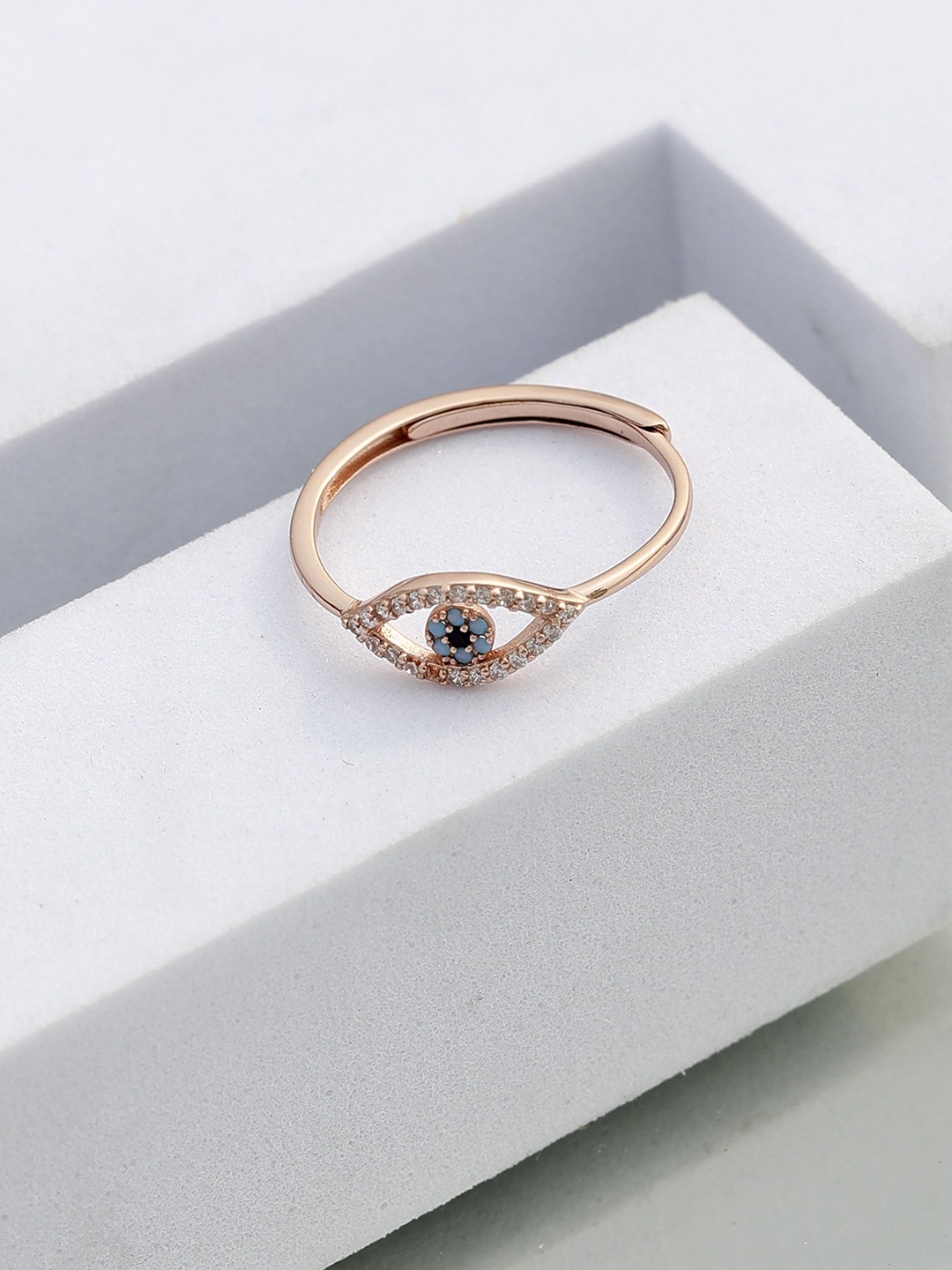 

DIAVO Rose Gold-Plated Cubic Zirconia Stone Studded Evil Eye Charm Finger Ring