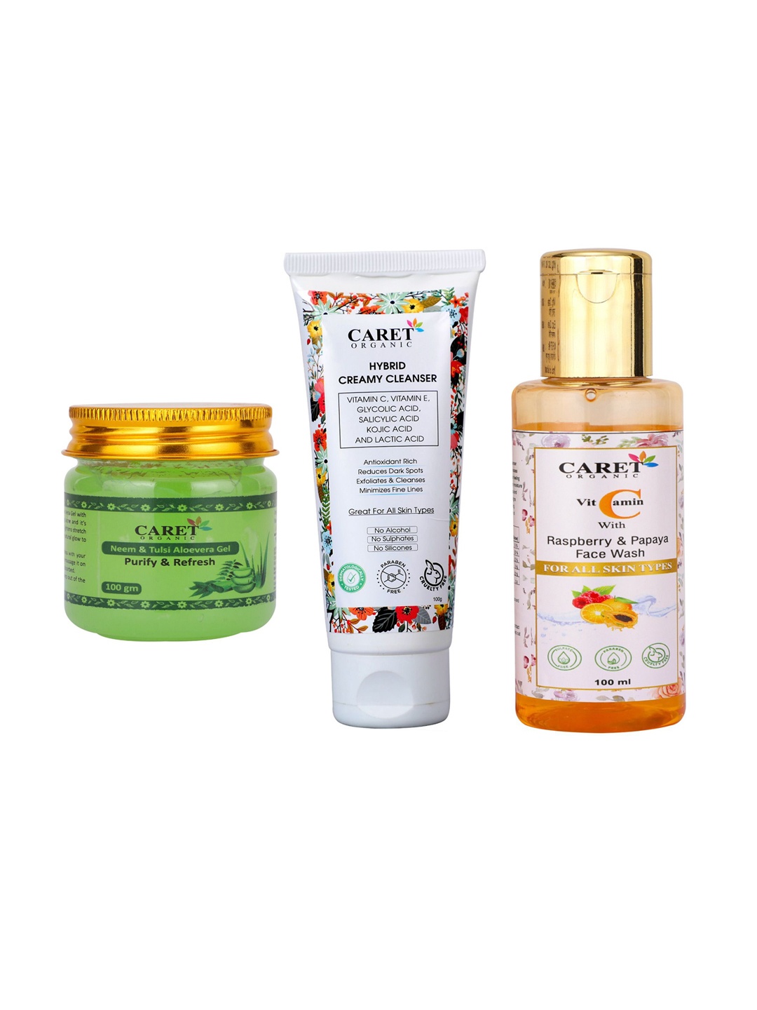 

CARET ORGANIC Set Of 3 Aloevera Gel - 100 g & Cleanser-100 g & Vitamin C Face Wash- 100 ml, White