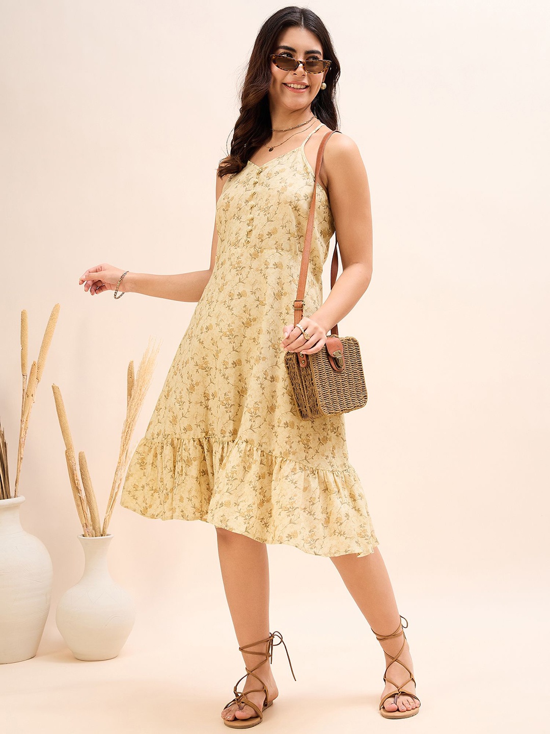 

DressBerry Women Floral Printed Fit & Flare Dress, Beige