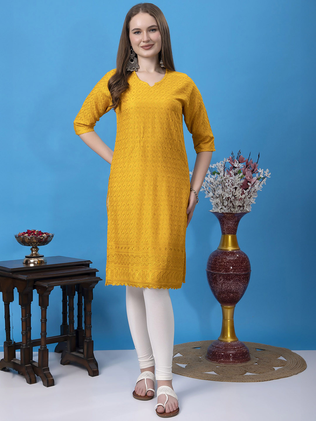

KEX Floral Embroidered Chikankari Kurta with Trouser, Yellow