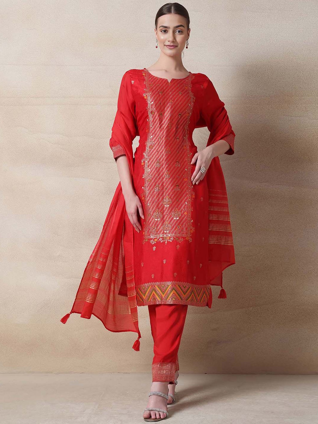 

Rang by Indya Ethnic Motifs Straight Kurta with Trousers & With Dupatta, Red