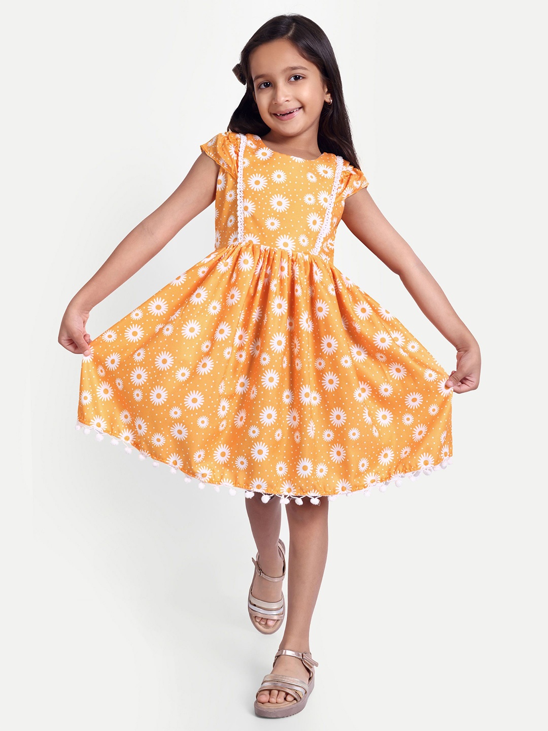 

FEBVIBE Floral Printed Fit & Flare Dress, Yellow