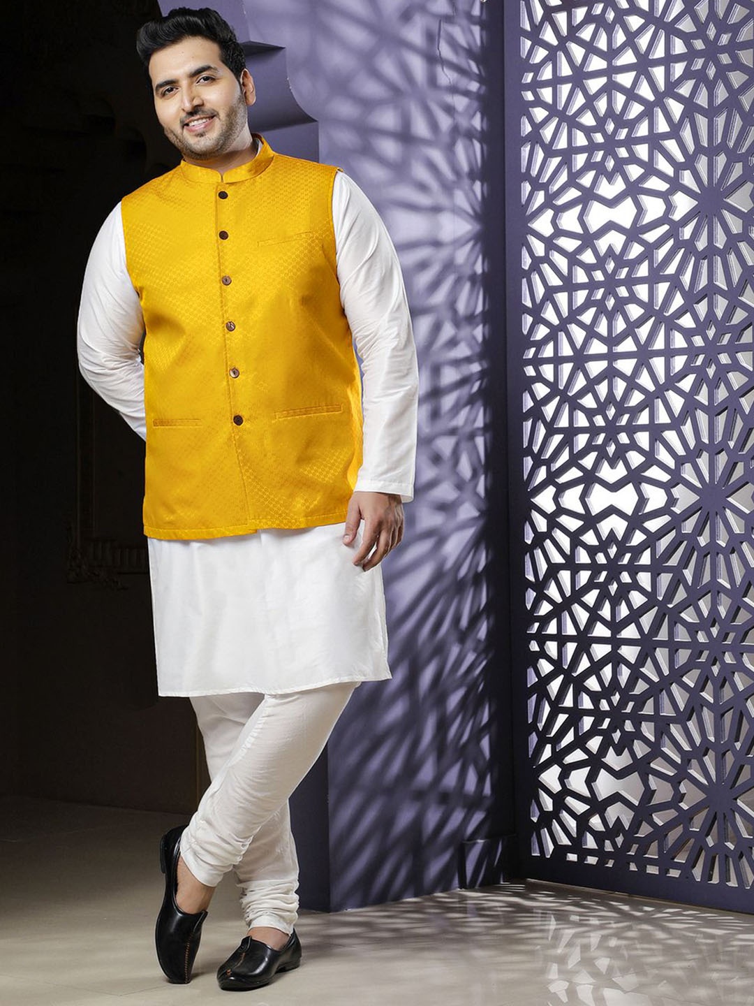 

Sztori Plus Size Mandarin Collar Straight Kurta With Churidar & Nehru jacket, Yellow
