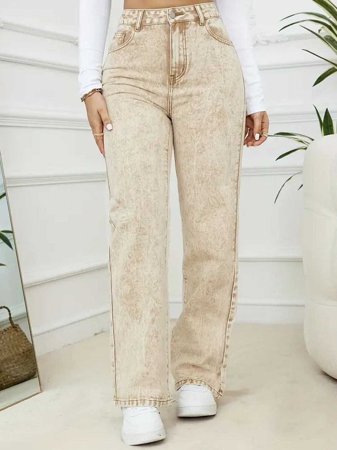 

BLACK SCISSOR Women Mid-Rise Wide Leg Jeans, Beige