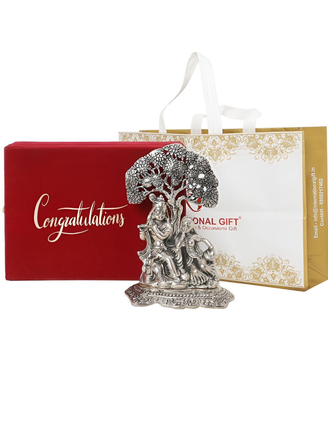 

INTERNATIONAL GIFT Silver-Toned Religious Figurine Showpiece Velvet Box, Carry Bag & Tag