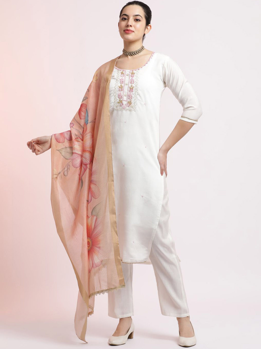 

Jaipur Kurti Embroidered Cotton Festive Kurta Set With Dupatta, White