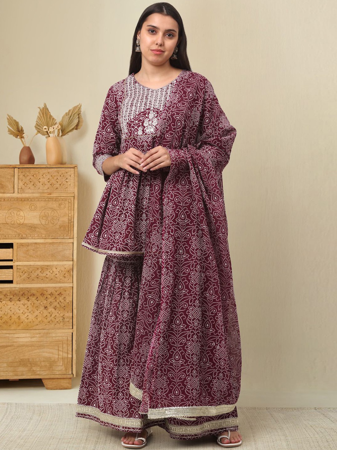 

KALINI Bandhani Embroidered Regular Pure Cotton A-Line Kurti with Sharara & Dupatta, Maroon