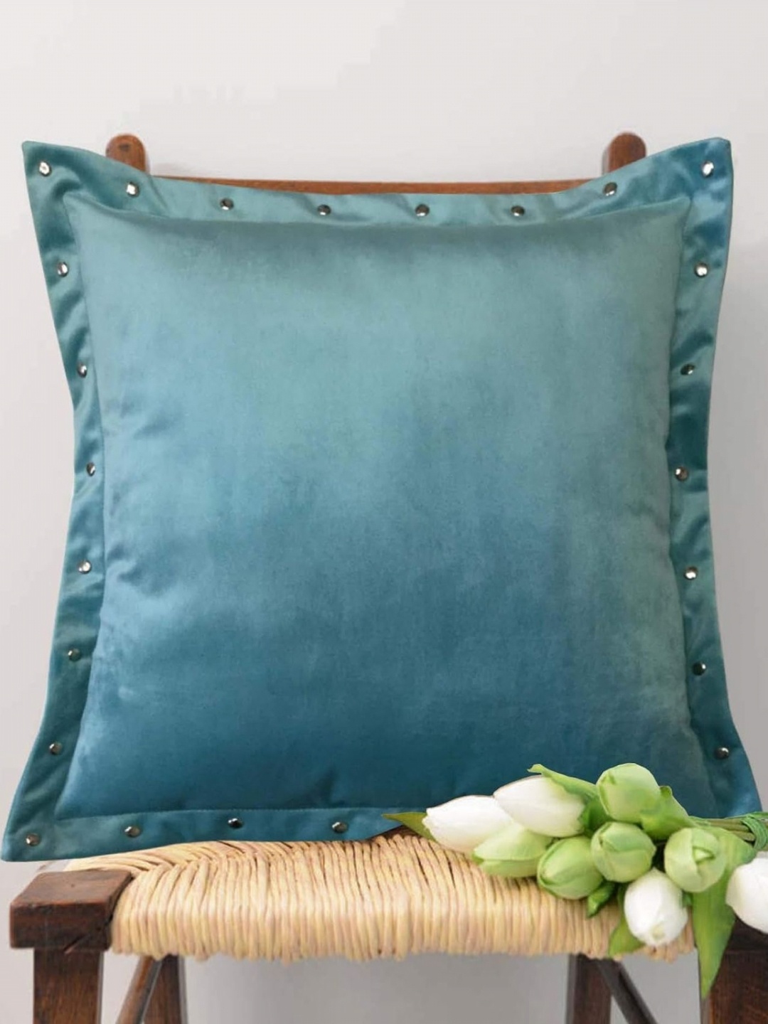 

Lushomes Blue Embellished Velvet Square Cushion Cover