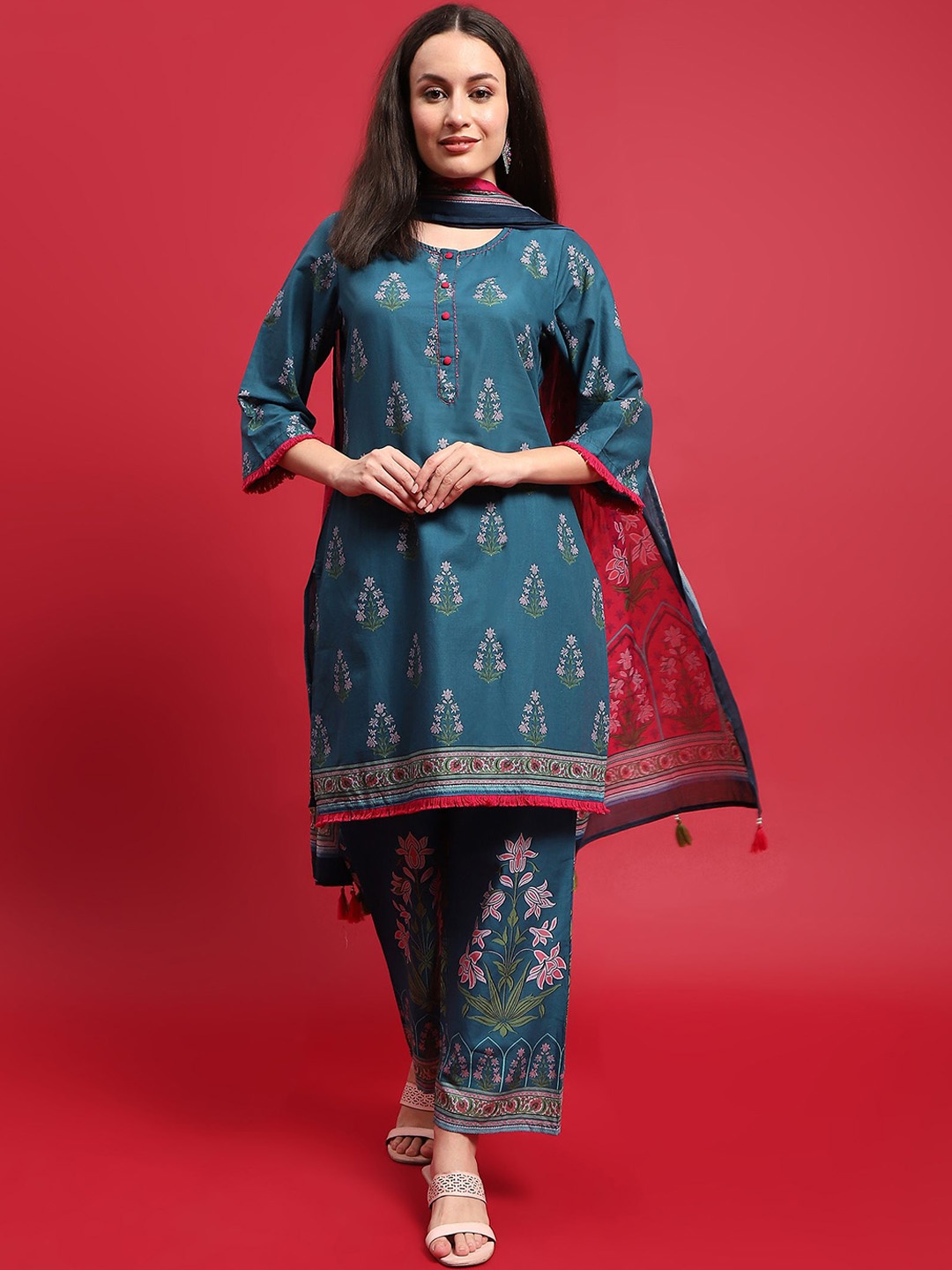 

Shree Floral Printed Pure Cotton Straight Kurta With Trouser & Dupatta, Blue