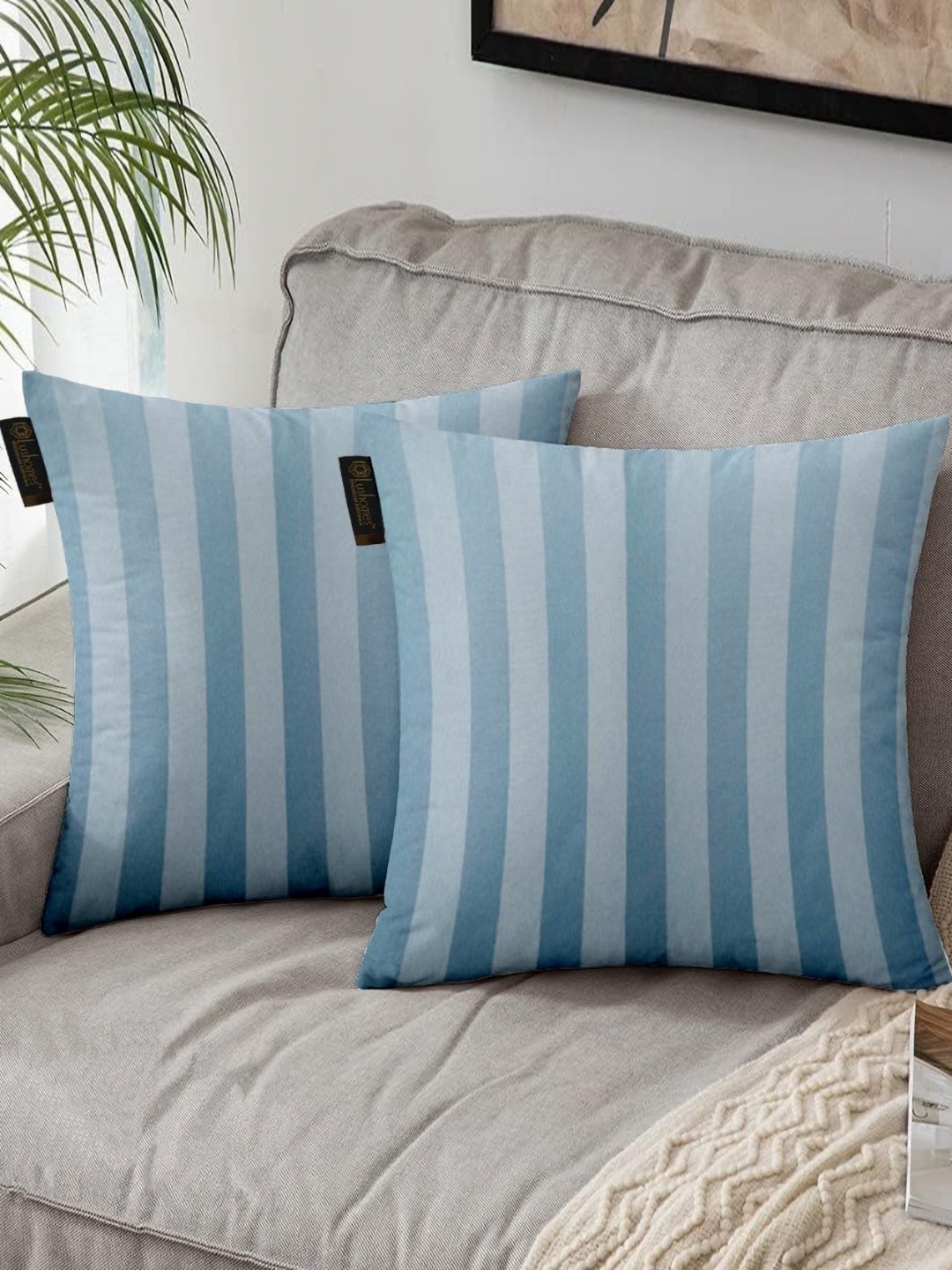 

Lushomes Blue Set of 2 Striped Square Cushion Covers