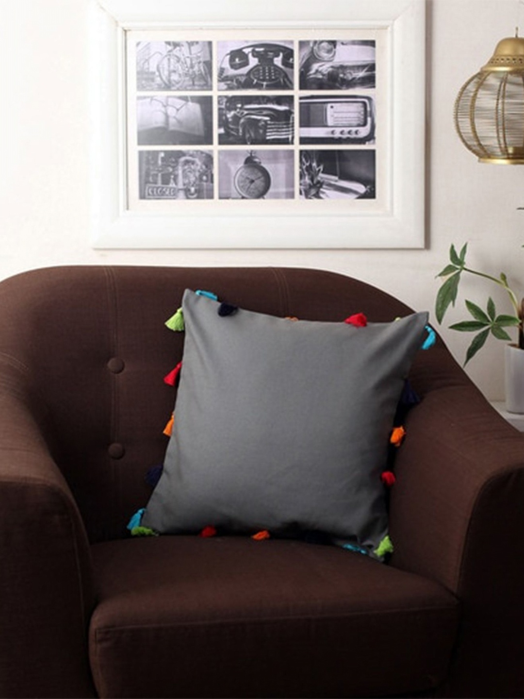 

Lushomes Grey & Red Cotton Square Cushion Cover