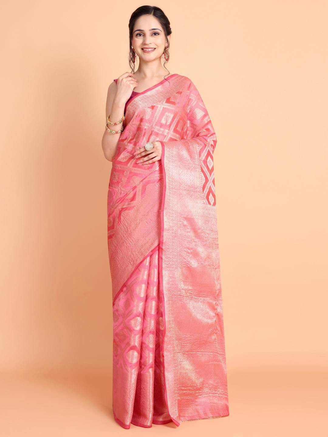 

Areca Designer Ethnic Motifs Zari Organza Banarasi Saree, Pink