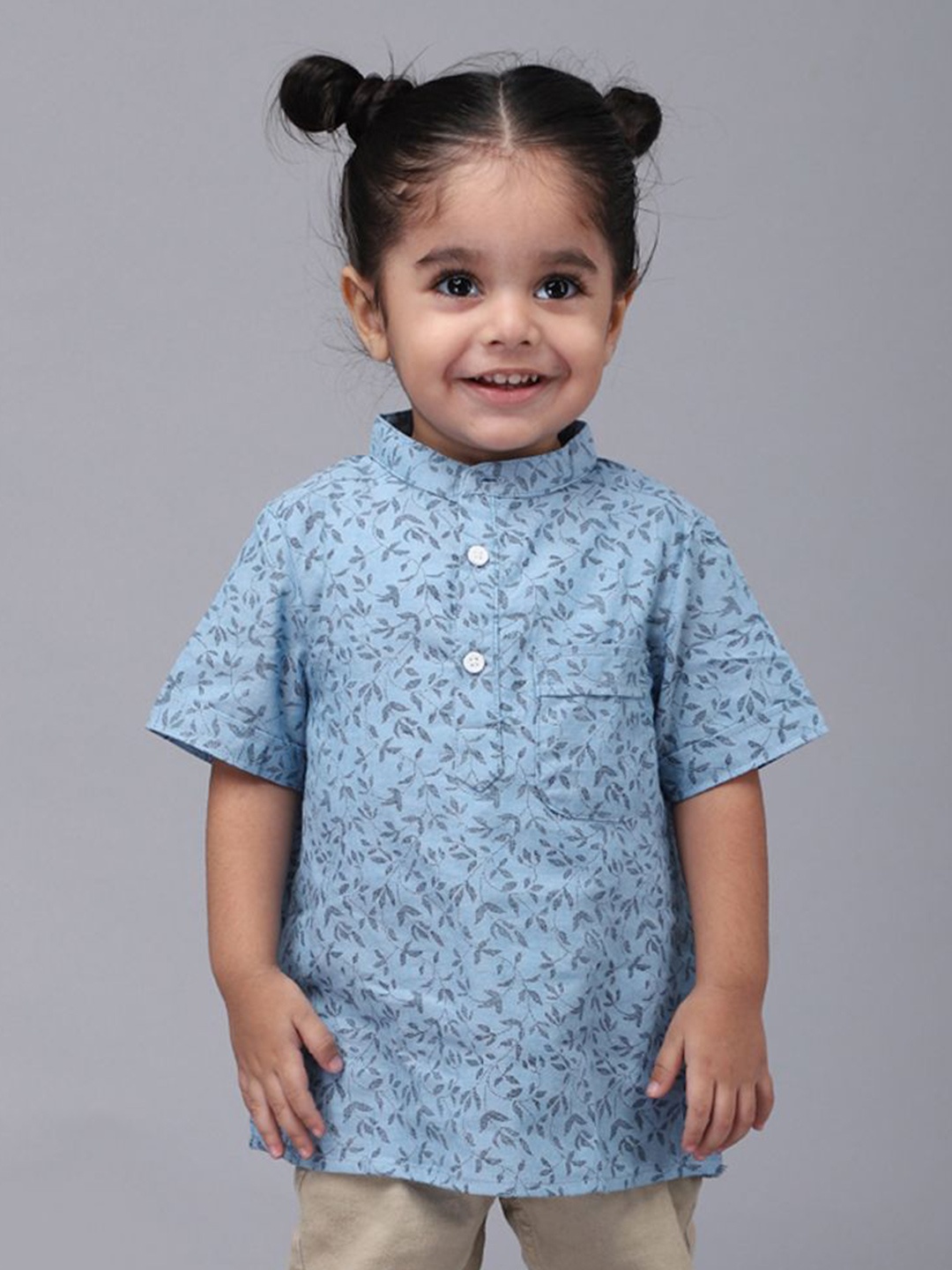 

Biglilpeople Boys Standard Band Collar Abstract Printed Cotton Casual Shirt, Blue