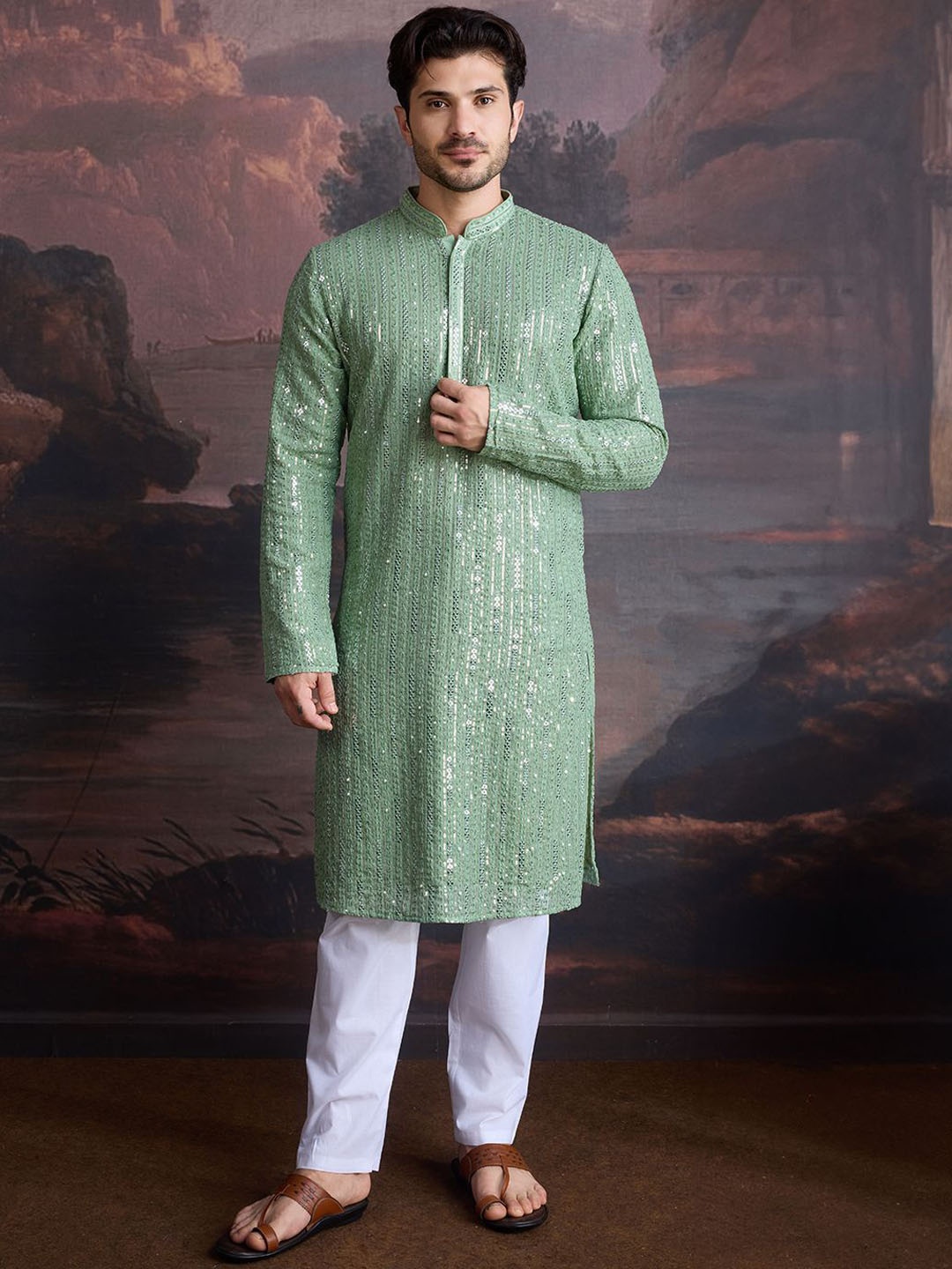 

House of Pataudi Floral Embroidered Mandarin Collar Chikankari Cotton Straight Kurta, Green