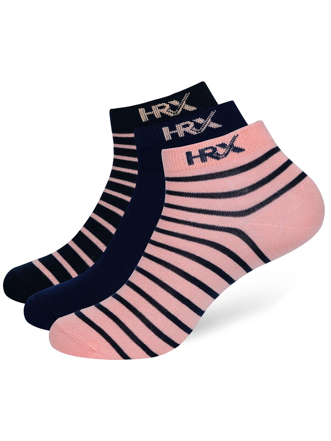

HRX by Hrithik Roshan Women Pack Of 3 Striped Cotton Ankle-Length Socks, Navy blue