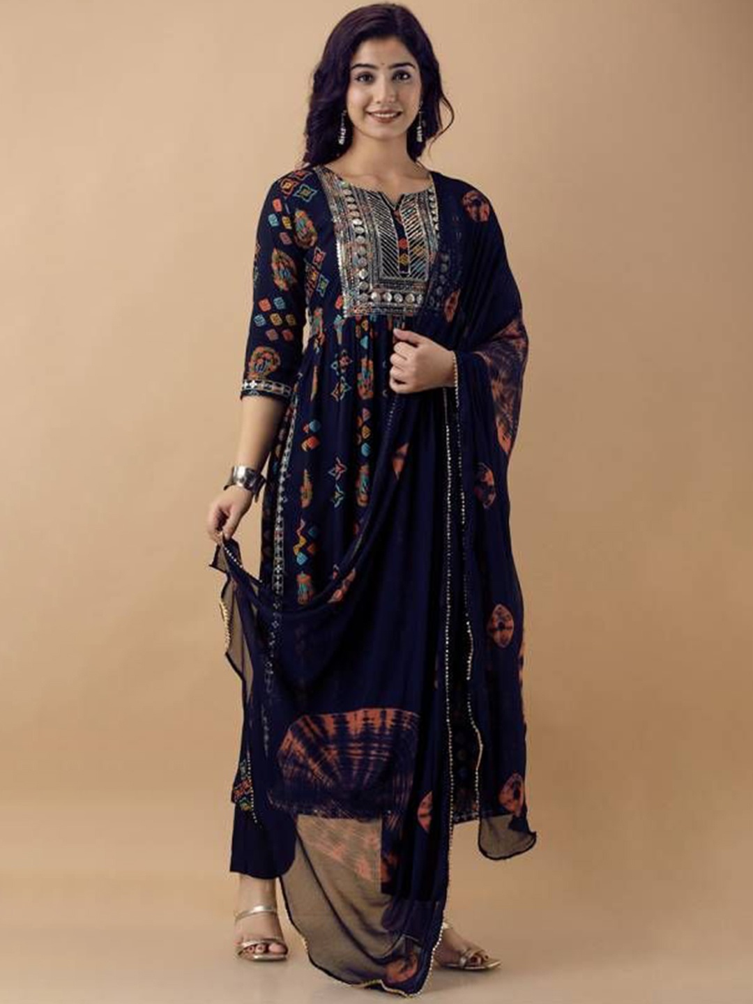 

zinariya Fab Ethnic Motifs Printed Sequinned A-Line Kurta with Trousers & Dupatta, Navy blue