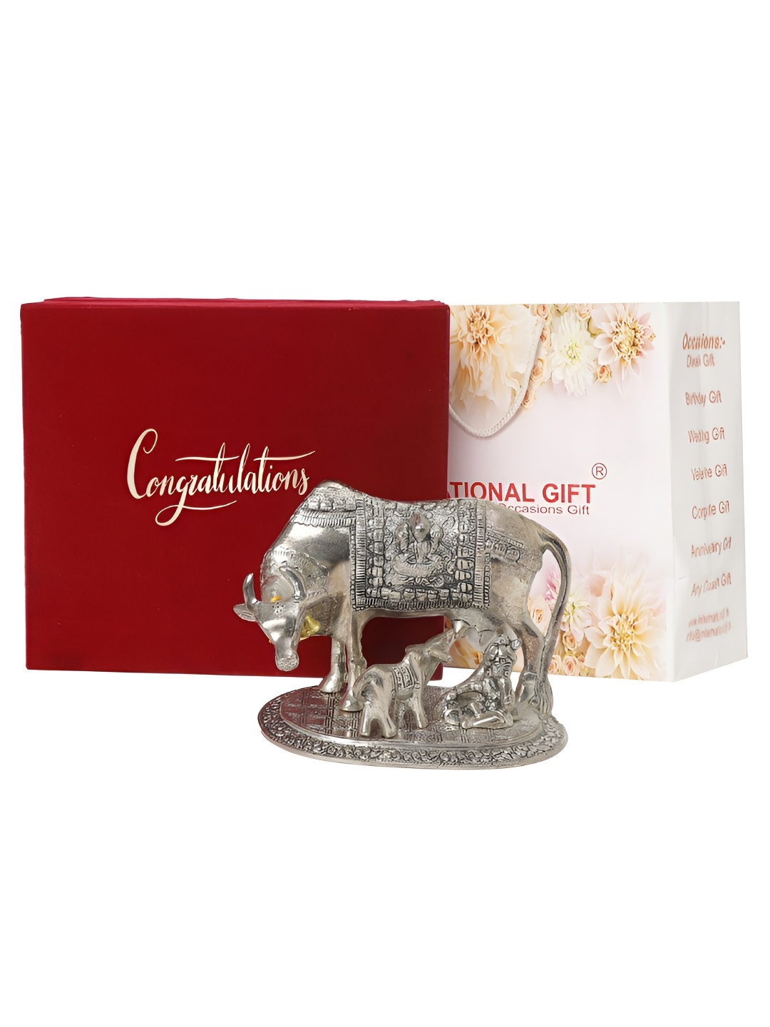 

INTERNATIONAL GIFT Silver-Toned Kamdhenu Cow Statue with Congratulations Tag & Velvet Box