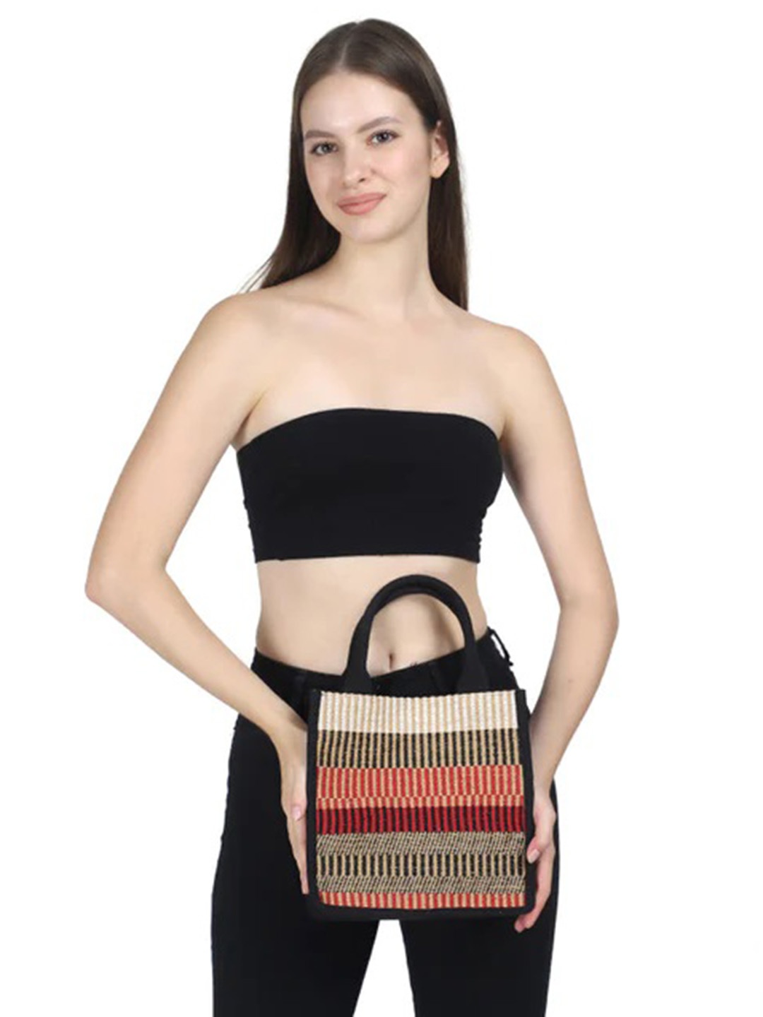 

INDIVIDUAL DESIGN Multicolor Striped Jacquard Weave Structured Handbag, Black