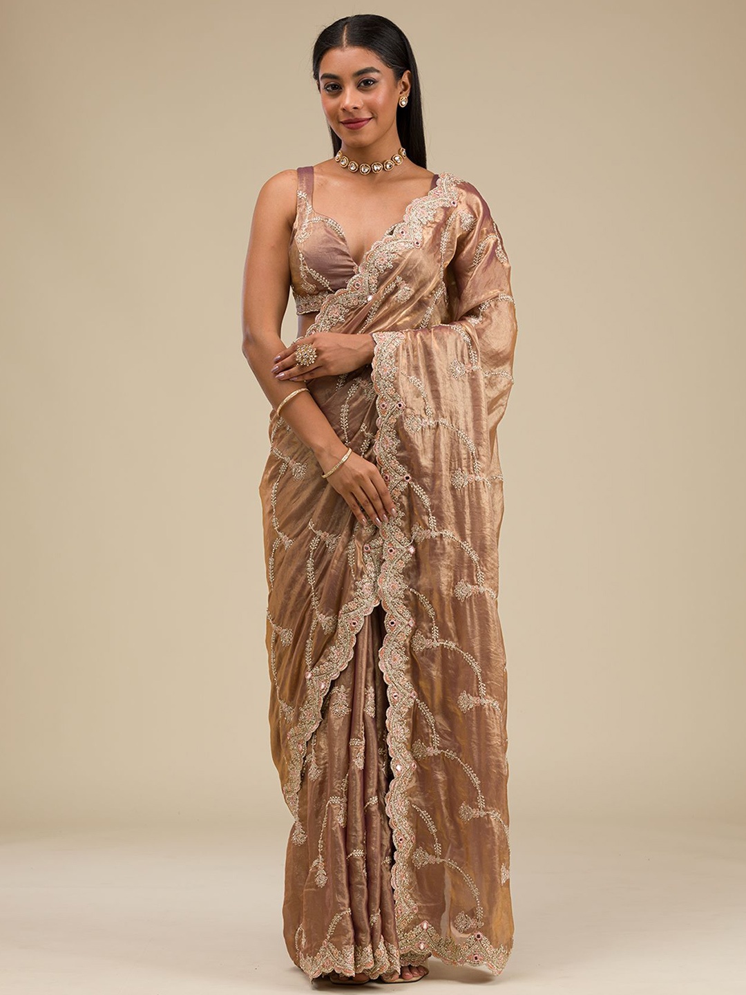 

Koskii Floral Embroidered Tissue Saree, Brown