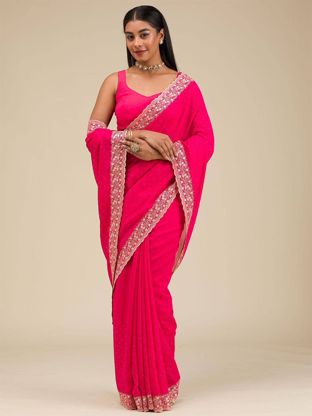 

Koskii Embellished Embroidered Saree, Pink
