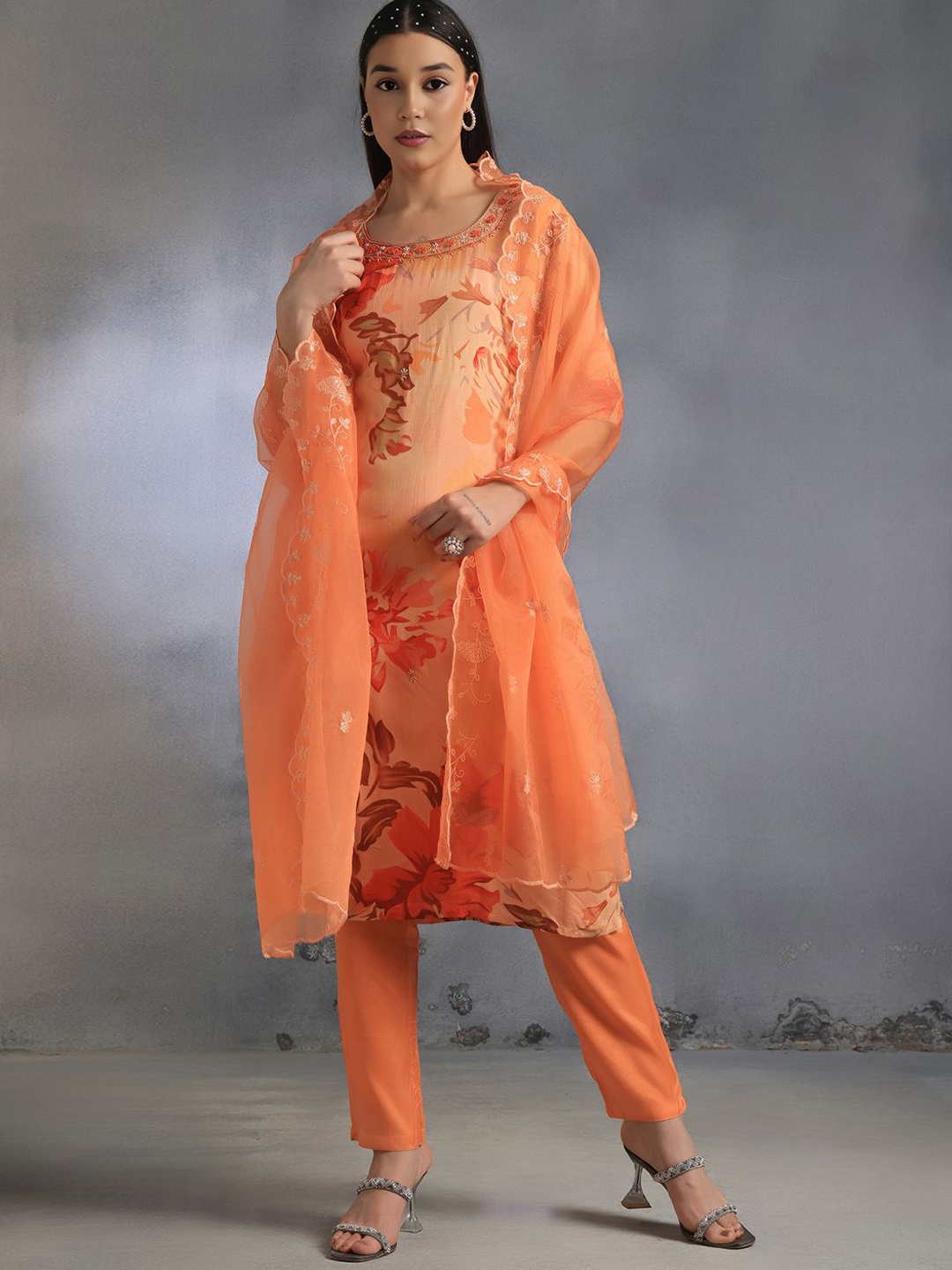 

Rang by Indya Ethnic Motifs Printed Beads And Stones Kurta With Trousers & Dupatta, Orange
