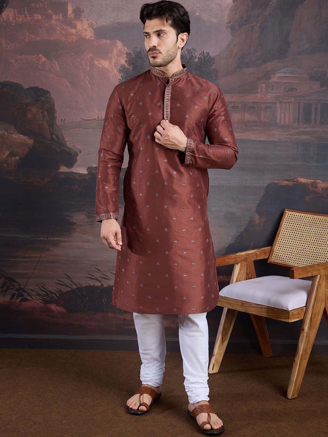 

House of Pataudi Ethnic Motifs Woven Design Mandarin Collar Straight Kurta, Red