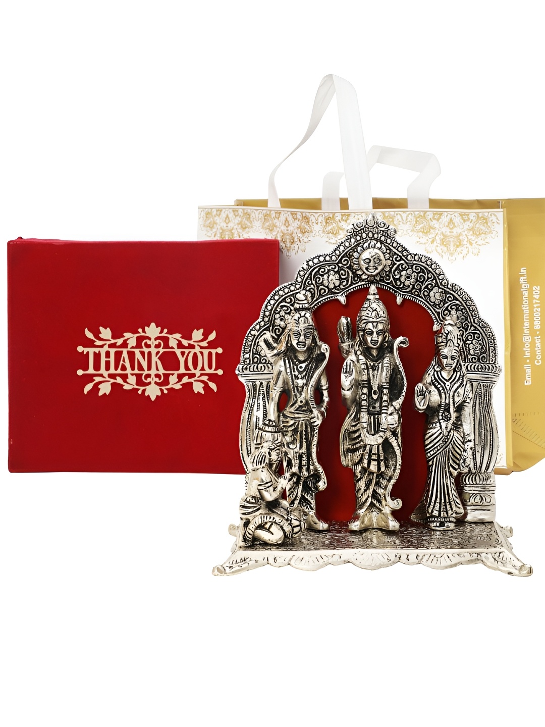 

INTERNATIONAL GIFT Silver Toned Ram Darbar Idol With Thank You Tag & Velvet Box