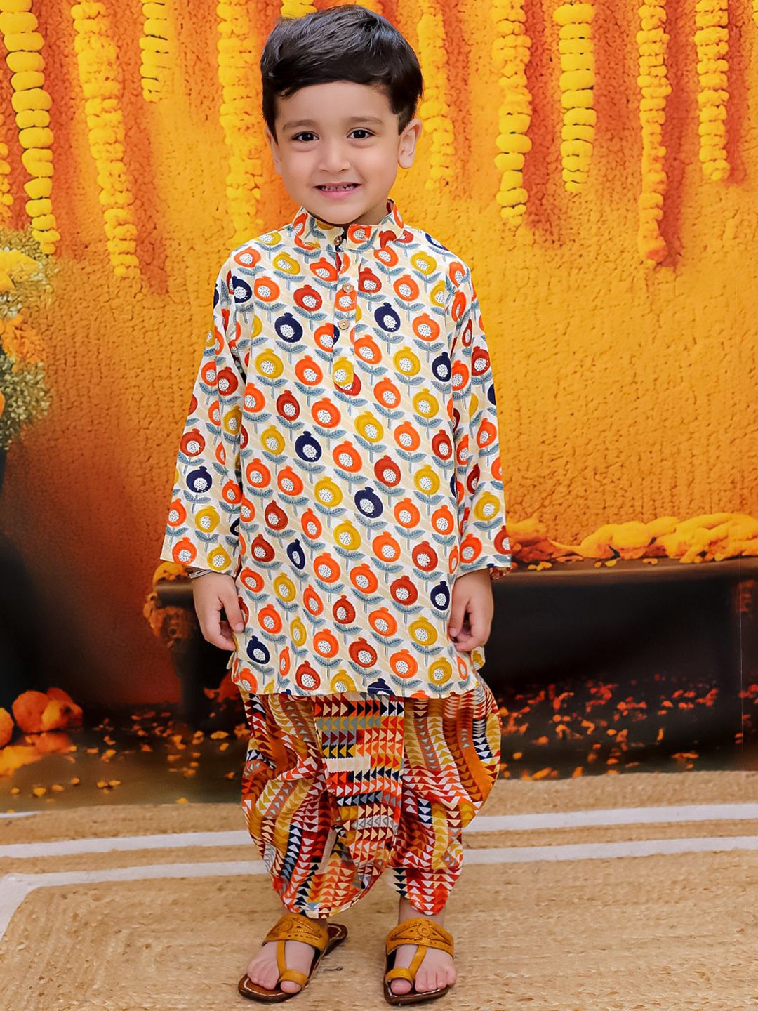 

BownBee Boys Floral Printed Straight Pure Cotton Kurta with Dhoti Pants, Beige