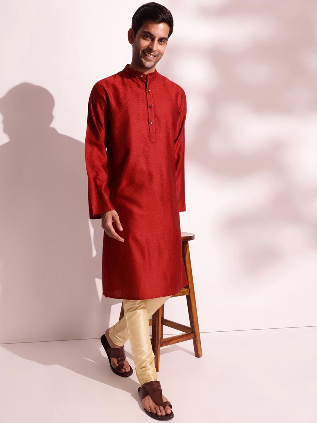 

Fabindia Ethnic Motifs Woven Design Band Collar Straight Kurta, Red