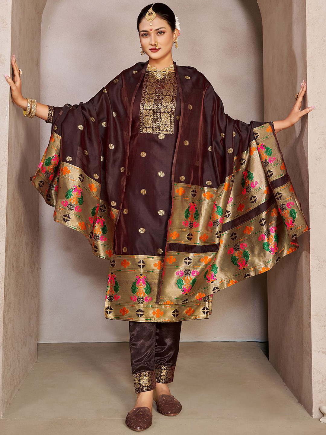 

Lilots Unstitched Dress Material, Coffee brown