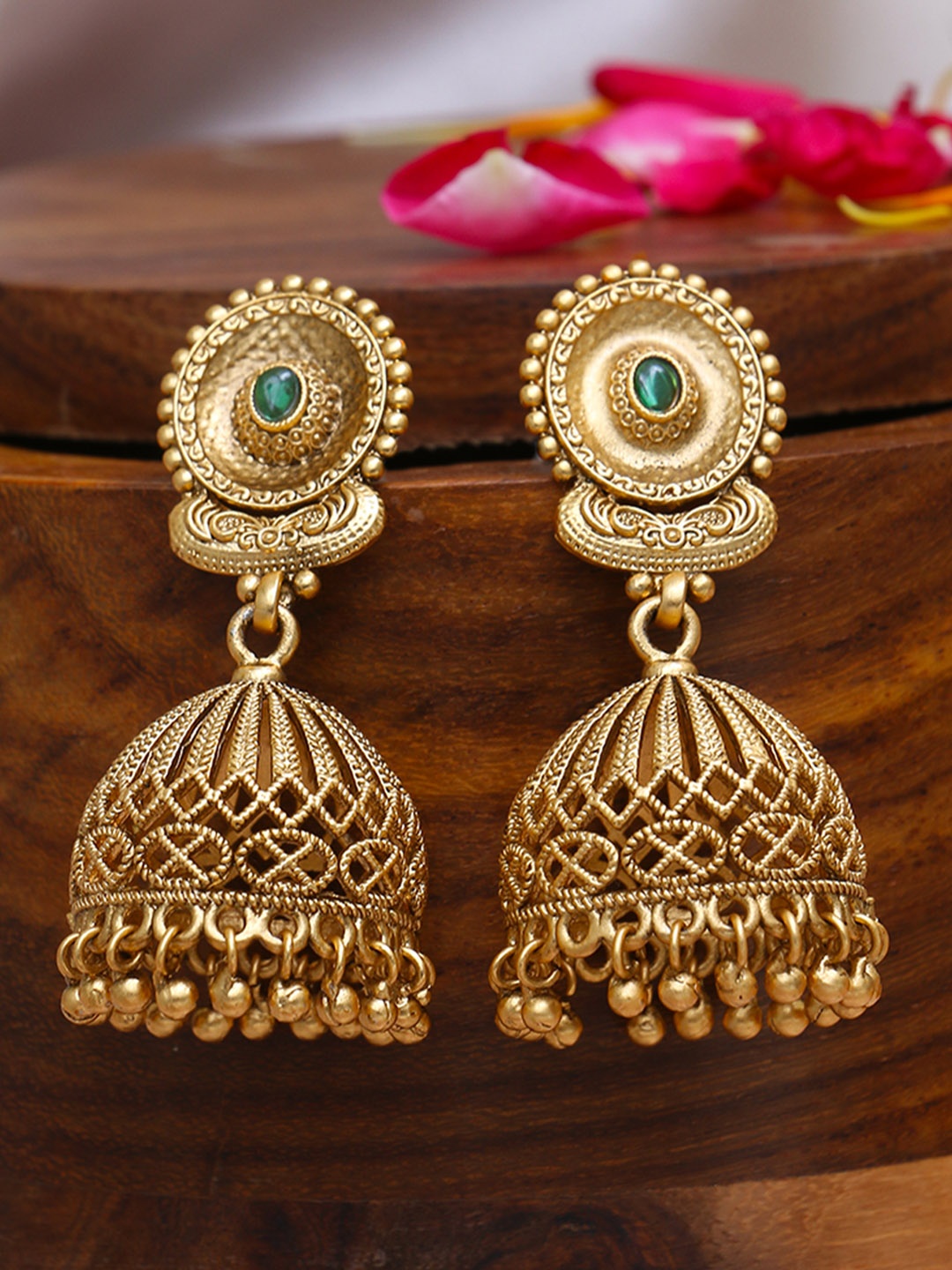 

Anouk Green Gold Plated Stone Studded Dome Shaped Jhumkas