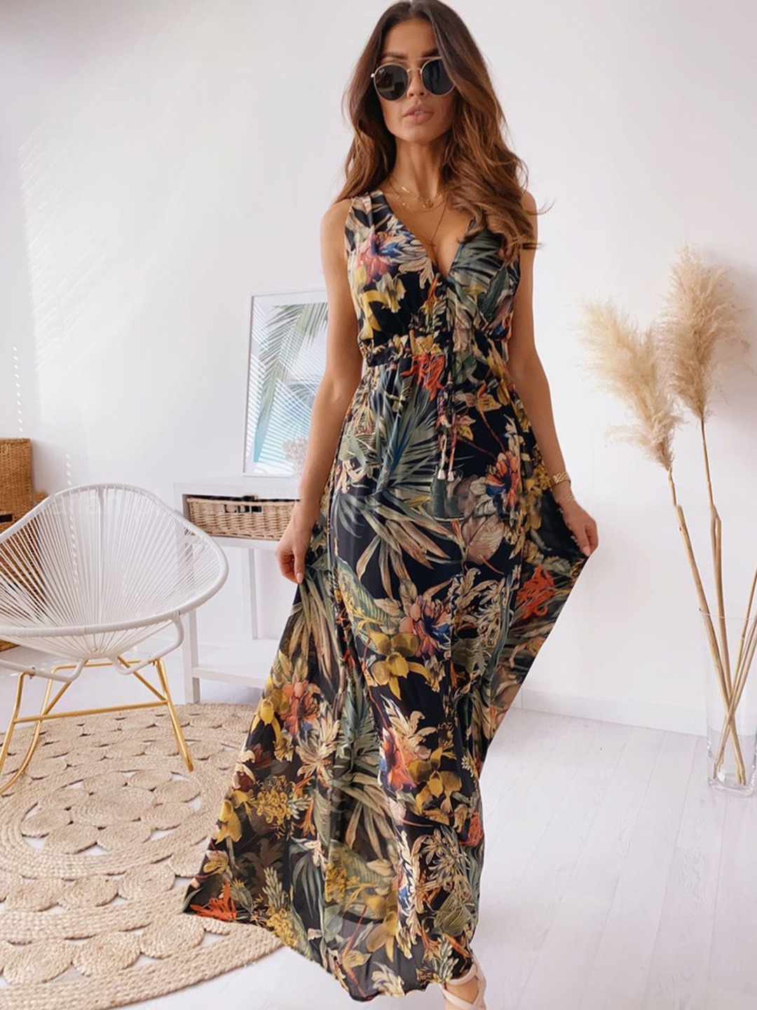 

HERE&NOW Tropical Print Maxi Dress, Black